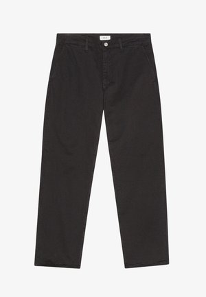 Pantalons droits noirs en mélange de coton, avec une taille à passants de ceinture, des poches avant et une fermeture éclair avec un bouton métallique.