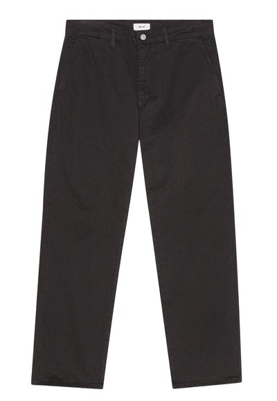 Schwarze, gerade geschnittene Hosen aus Baumwollmischung, mit einem Bund mit Gürtelschlaufen, vorderen Taschen und einem Reißverschluss mit einem metallischen Knopf.