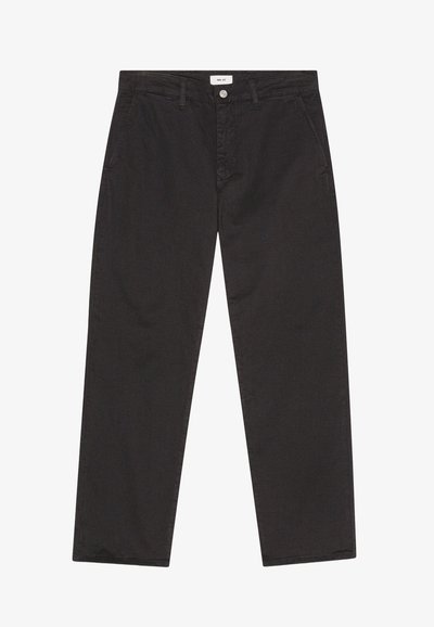 Mustat suorat housut, valmistettu puuvillasekoitteesta, jossa on vyötärö, jossa on vyölenkit, etutaskut ja vetoketjukiinnitys metallinapilla.