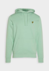 Sudadera verde claro con bolsillo canguro frontal, capucha con cordones, puños acanalados y pequeño logo de un pájaro amarillo en el lado izquierdo del pecho.