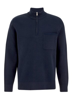 Suéter azul marino de cuello simulado, con cierre de media cremallera en la parte delantera y un bolsillo en el pecho. Hecho de un suave tejido de punto con dobladillo y puños acanalados.