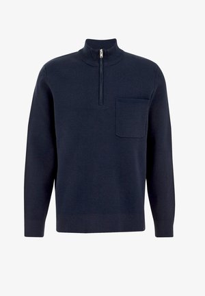 Mörkblå pullovertröja med falsk krage, halvdragkedja fram och bröstficka. Tillverkad av ett mjukt stickat material med ribbad nederkant och ärmslut.