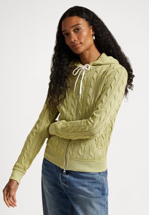CABLE KNIT COTTON FULL ZIP HOODIE - Kardigán - light olive