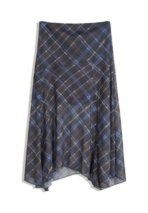 Black plaid skirt featuring blue and brown lines, flowing design, mid-length, made from lightweight fabric with a smooth texture.