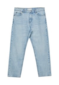 Jeans in denim azzurro con taglio dritto, cinque tasche e chiusura con bottone in metallo. Il tessuto presenta leggere scoloriture e dettagli di cucitura.