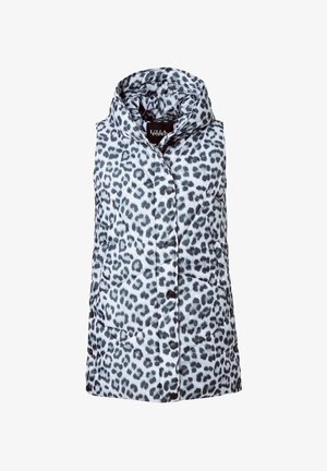 Kamizelka ocieplana z kapturem, z szarym i czarnym wzorem w panterkę, z zapięciem na guziki i pikowanym wzorem w diamenty.