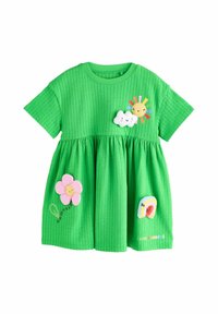 Vestido de algodón verde con mangas cortas, tela texturizada, falda fruncida y diseños aplicados de un sol, nubes, flor y arcoíris.