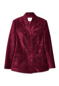 Bordo blazeris, pagamintas iš tekstūruotos medžiagos, su šališkumu, ilgomis rankovėmis ir dviem priekinėmis kišenėmis. Sklandus, turtingas spalvos atspalvis ir elegantiškas dizainas.