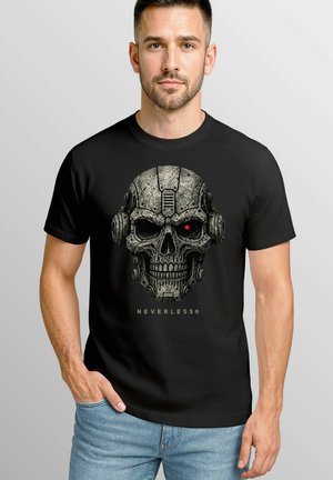 Black cotton t-shirt featuring a detailed skull graphic with mechanical elements, red eye accent, and gold "NEVERLESS" text below.
