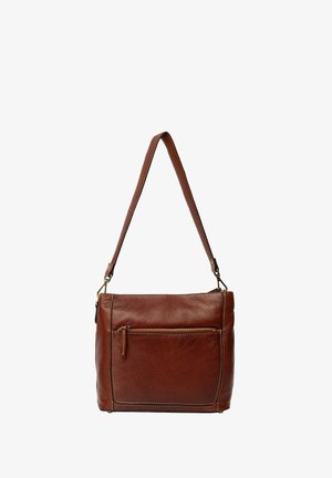 Brown leather crossbody bag with adjustable strap, front zipper pocket, smooth texture, and contrasting stitching detail.