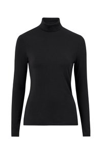 Sort langærmet turtleneck-top lavet af glat stof, med et tætsiddende design og høj halsudskæring uden synlige mønstre eller accenter.