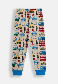 Pantaloni de pijama din bumbac cu imprimeu tematic vehicular, având mașini, camioane, semafoare și biciclete. Fond bej deschis cu manșete albastre.