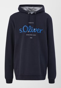 Marinblå hoodie med grå innerfoder. Har en stor blå tryckt logotyp och text, ribbade ärmslut och en dragsko i huvan. Blandning av bomull.