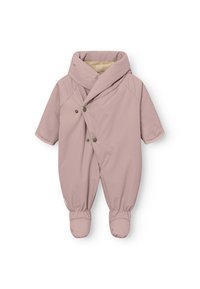Rosa ytterstoff snowsuit med korte ermer, omslagdesign, to trykknapper, elastiske mansjetter og innebygde støvler. Myk indre fôr.