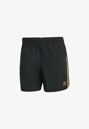 Black athletic shorts made of lightweight material, featuring a textured surface, elastic waistband, and gold side stripes with a logo.