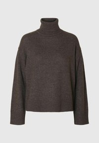 Tmavě hnědý rolák, měkká pletenina, široké rukávy, žebrované manžety a lem, volný střih, minimalistický design, žádné vzory nebo akcenty.