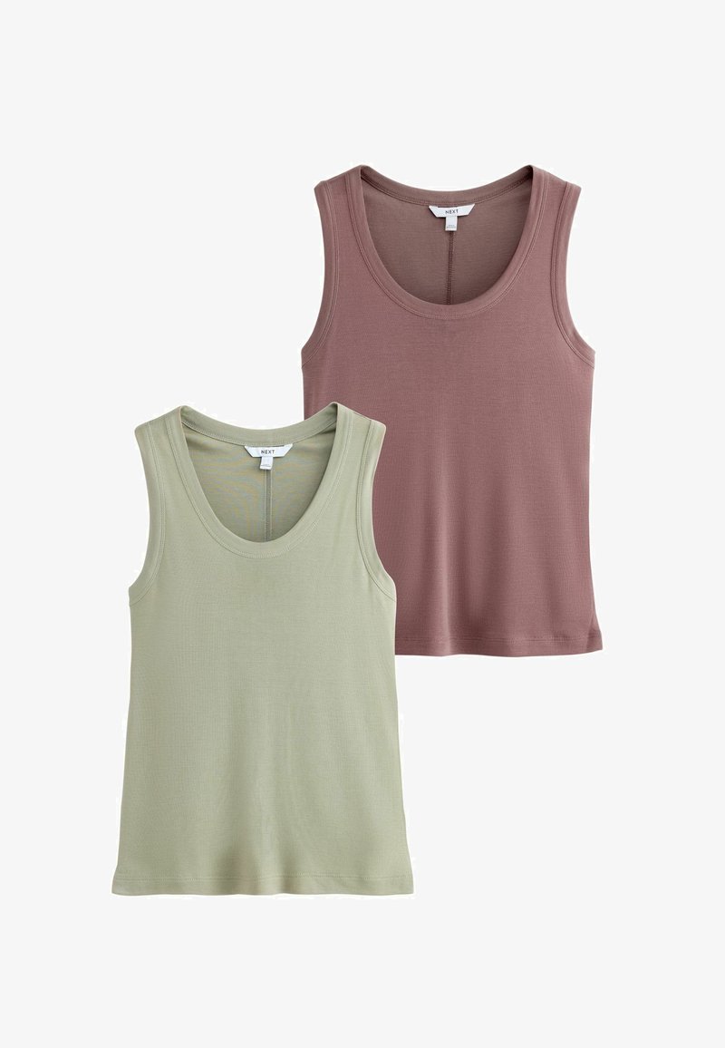 Two sleeveless ribbed tank tops, one light green and one muted mauve, both with round necklines and clothing brand tags inside.