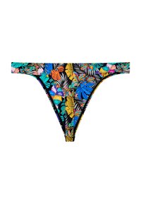 Damen-Bikini-Unterteil mit buntem tropischem Blatt- und Blumenmuster auf schwarzem Hintergrund, mit hoch geschnittenem Beinschnitt.