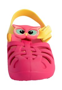 Pink children's sandal with owl design on front, featuring a yellow strap. Made of flexible material with ventilation openings and a textured sole.