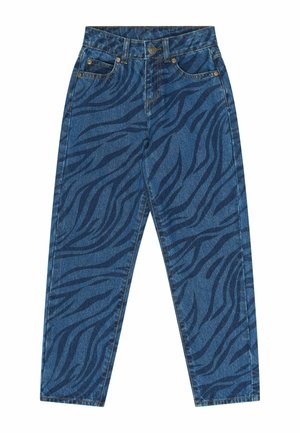 Blauwe spijkerbroek met donkerblauw zebraprint, knoop- en ritssluiting, en voor- en achterzakken, plat gelegd.