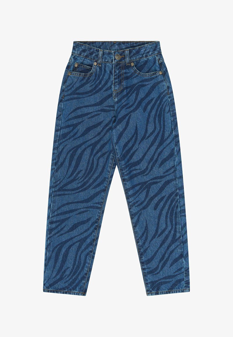 Pantalon en jean bleu avec motif rayures zèbre bleu foncé, fermeture bouton et zip, poches avant et arrière, posé à plat.