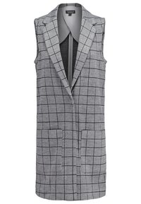Gray vest with a checked pattern, no sleeves, and a shawl collar. It features two front pockets and a straight cut. Smooth texture.