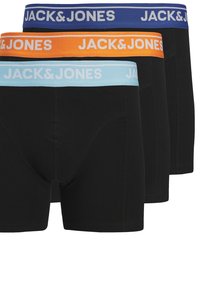 Sæt af tre par sorte boxershorts med farvede elastiske taljebånd i blå, orange og lyseblå, med brandnavnet.