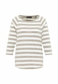 Gestreifen Langarmshirt in hellbeige und weiß, mit Rundhalsausschnitt und kleinem Logo auf der linken Brust. Weicher Stoff, lockere Passform.