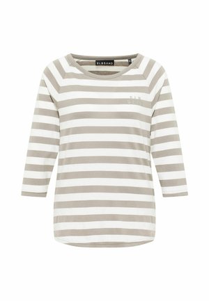 Gestreifen Langarmshirt in hellbeige und weiß, mit Rundhalsausschnitt und kleinem Logo auf der linken Brust. Weicher Stoff, lockere Passform.