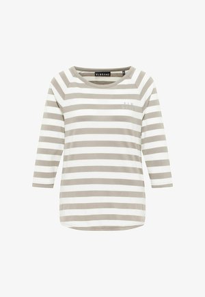 Gestreifen Langarmshirt in hellbeige und weiß, mit Rundhalsausschnitt und kleinem Logo auf der linken Brust. Weicher Stoff, lockere Passform.