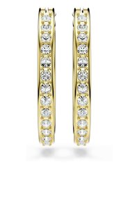 Pendientes de aro de oro con una fila de cristales claros circulares a lo largo de un lado, acabado suave, forma ovalada y cierre de bisagra.