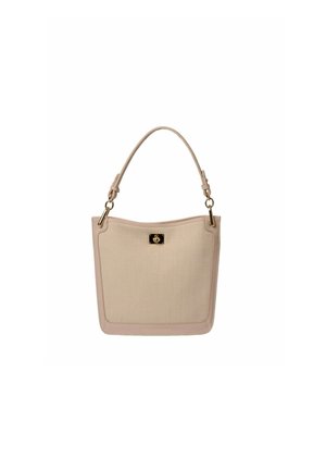 Sac fourre-tout en toile beige de forme rectangulaire, avec des accents en cuir et une bandoulière. Il présente un fermoir métallique et des coutures discrètes.