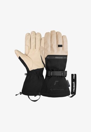 Black and tan gloves with leather palms and softshell fabric. Features elastic cuffs, adjustable strap, and "Heat Capture" branding.