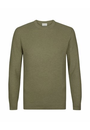 Maglione verde oliva con motivo a maglia strutturata, scollo rotondo e maniche lunghe. Presenta un orlo e polsini a coste per un aspetto aderente.