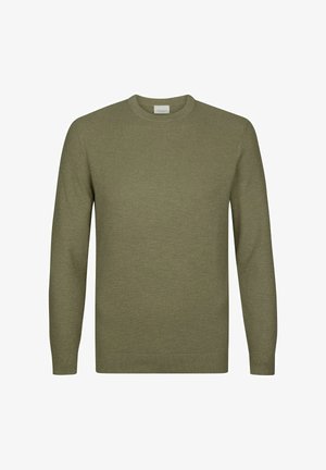 Sweter w kolorze oliwkowej zieleni z teksturowanym wzorem dzianiny, okrągłym dekoltem i długimi rękawami. Posiada prążkowany dół i mankiety, które zapewniają dopasowany wygląd.