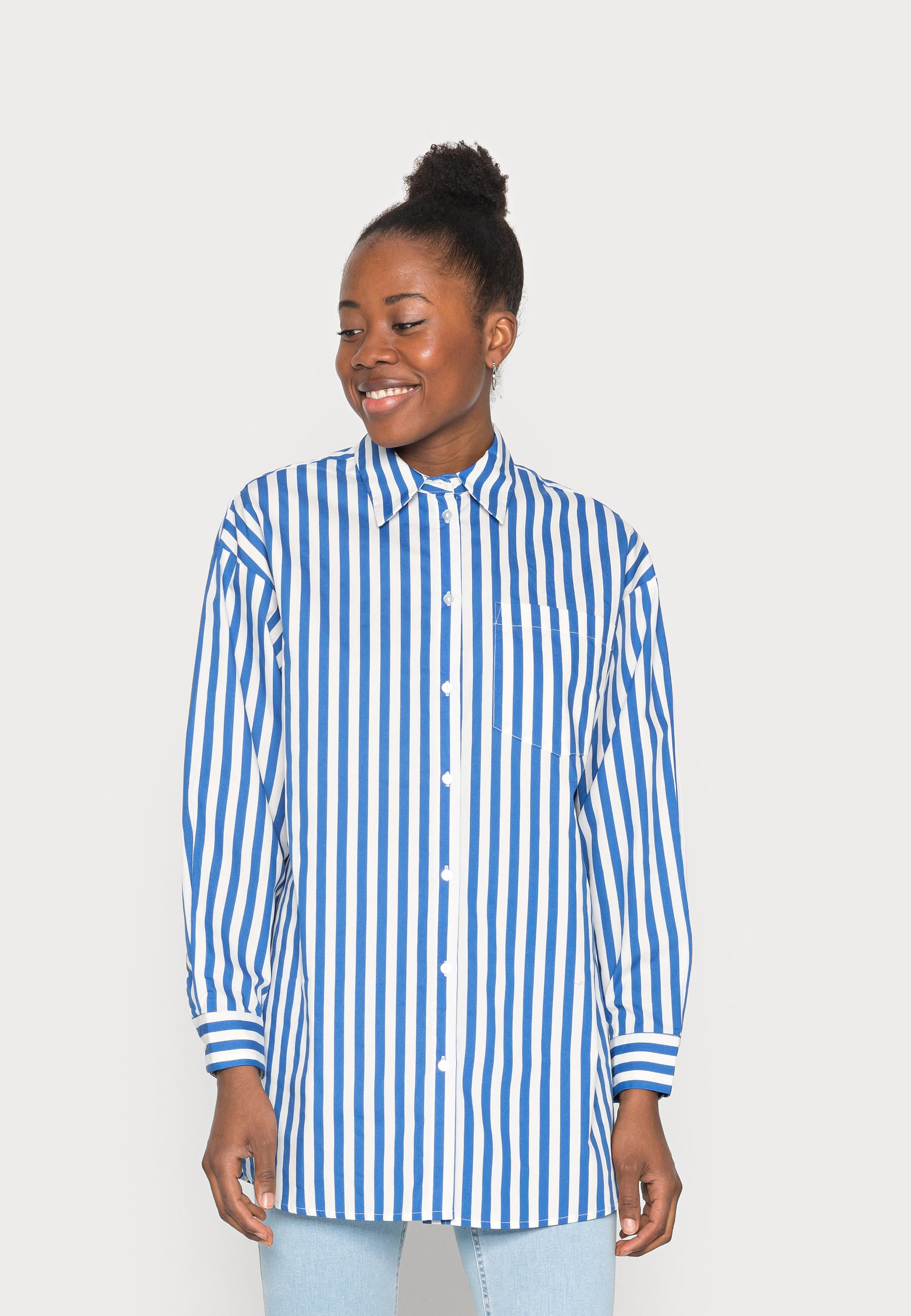 blue and white striped shirt button down
