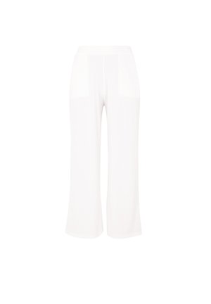 Witte wijde broek in lichtgewicht stof, met een soepele textuur en twee zijzakken. De tailleband is elastisch voor extra comfort.