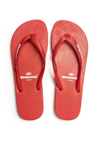 Chanclas de goma roja con plantilla texturizada, tiras delgadas y detalles de logo. Talla EU 36/37 indicada en la suela.