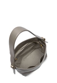 Borsa a tracolla in pelle grigia con una sola tracolla, scomparto con zip e foderatura in tessuto leggero. Presenta dettagli in metallo dorato.