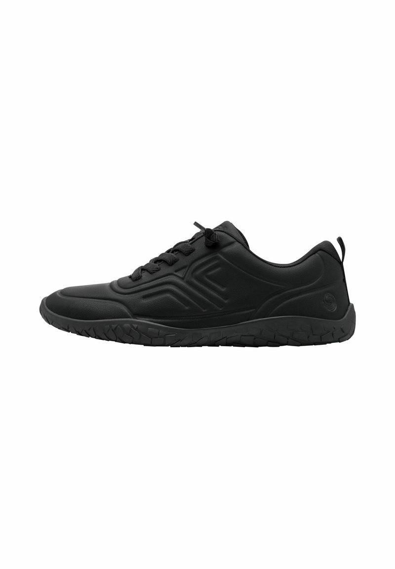 Black athletic shoe with a smooth synthetic upper, lace-up design, textured rubber outsole, and raised side accents for grip.