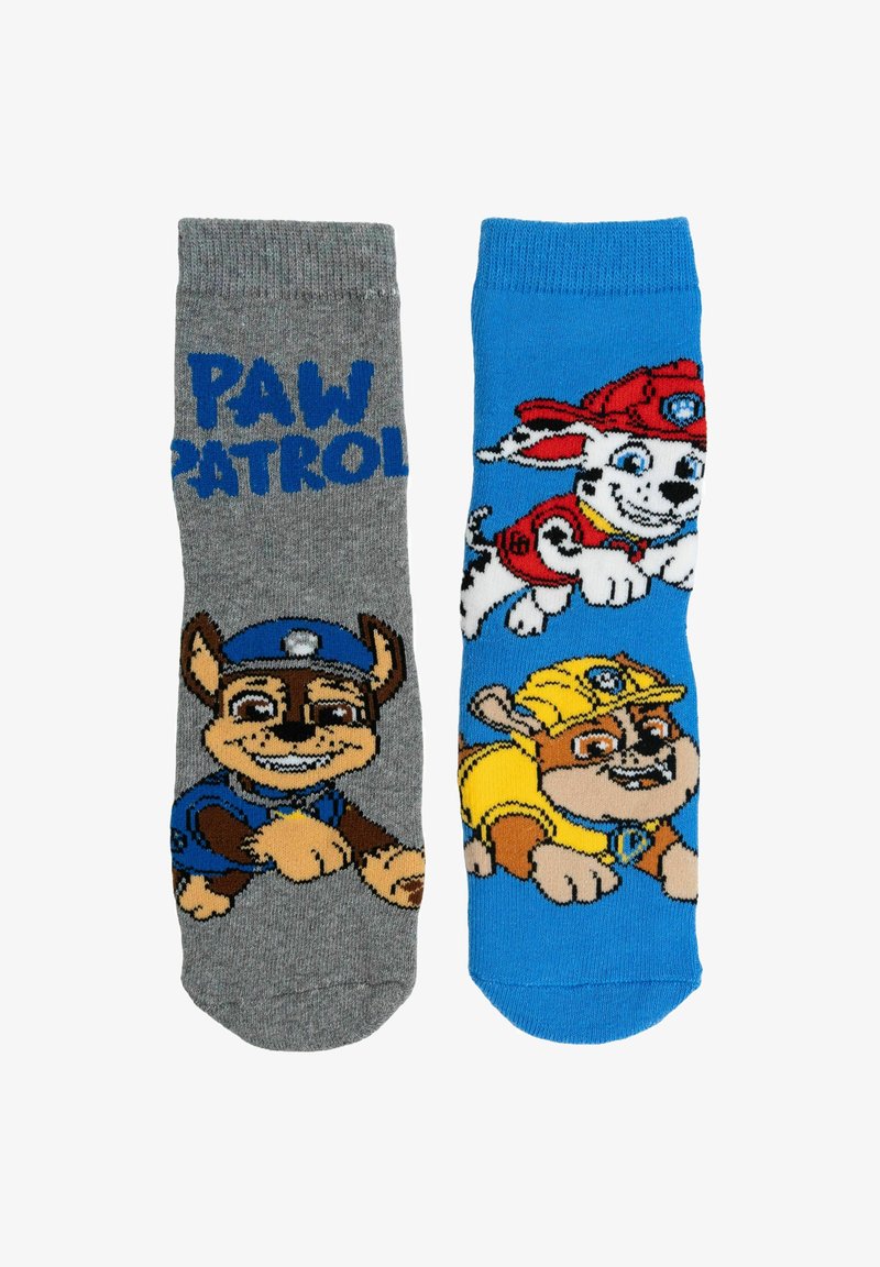 Calzino grigio con testo e design del personaggio "Paw Patrol"; calzino blu con cani da cartone animato in abiti rossi e gialli. Materiale misto cotone.