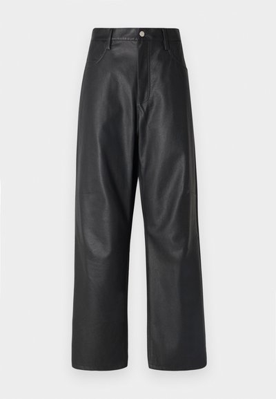 Black leather wide-leg trousers with a high waist, featuring front pockets and a smooth texture. Includes a front metal button closure.