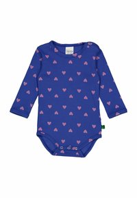 Bodysuit s dlouhým rukávem v královsky modré barvě, s texturovaným žebrováním, zdobený rozptýlenými růžovými srdíčky a patentkami na spodní části.