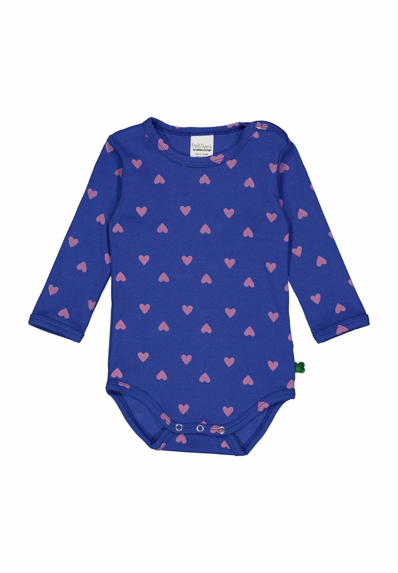 Bodysuit s dlouhým rukávem v královsky modré barvě, s texturovaným žebrováním, zdobený rozptýlenými růžovými srdíčky a patentkami na spodní části.