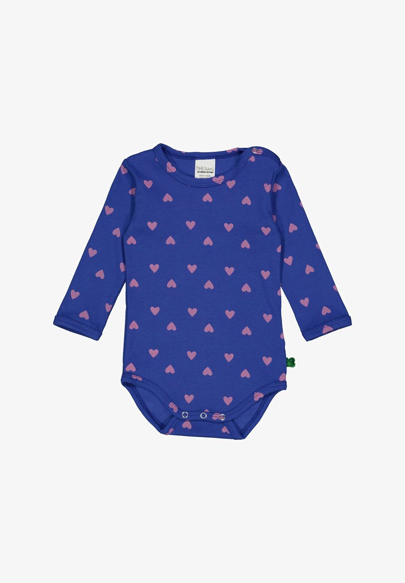 Bodysuit à manches longues en tissu bleu royal avec un côtelé texturé, orné de motifs en forme de cœurs roses dispersés et de fermetures pressionnées au bas.