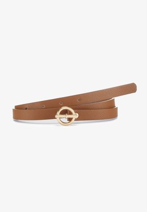Brown textured leather belt featuring a circular gold metal buckle and adjustable holes for sizing. The design is flat and streamlined.