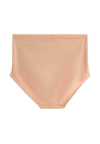 Hudfärgade högmidjade bikiniunderdelar tillverkade av mjukt tyg. Har en enkel design med platta sömmar och ingen synlig hårdvara.