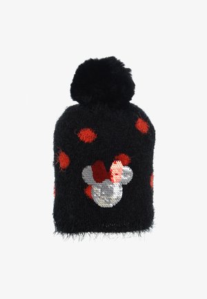 Czarna dziana czapka beanie z czerwonymi groszkami, zakończona czarnym pomponem z sztucznego futra; na przedniej stronie znajduje się wzór Mickey Mouse z cekinów.