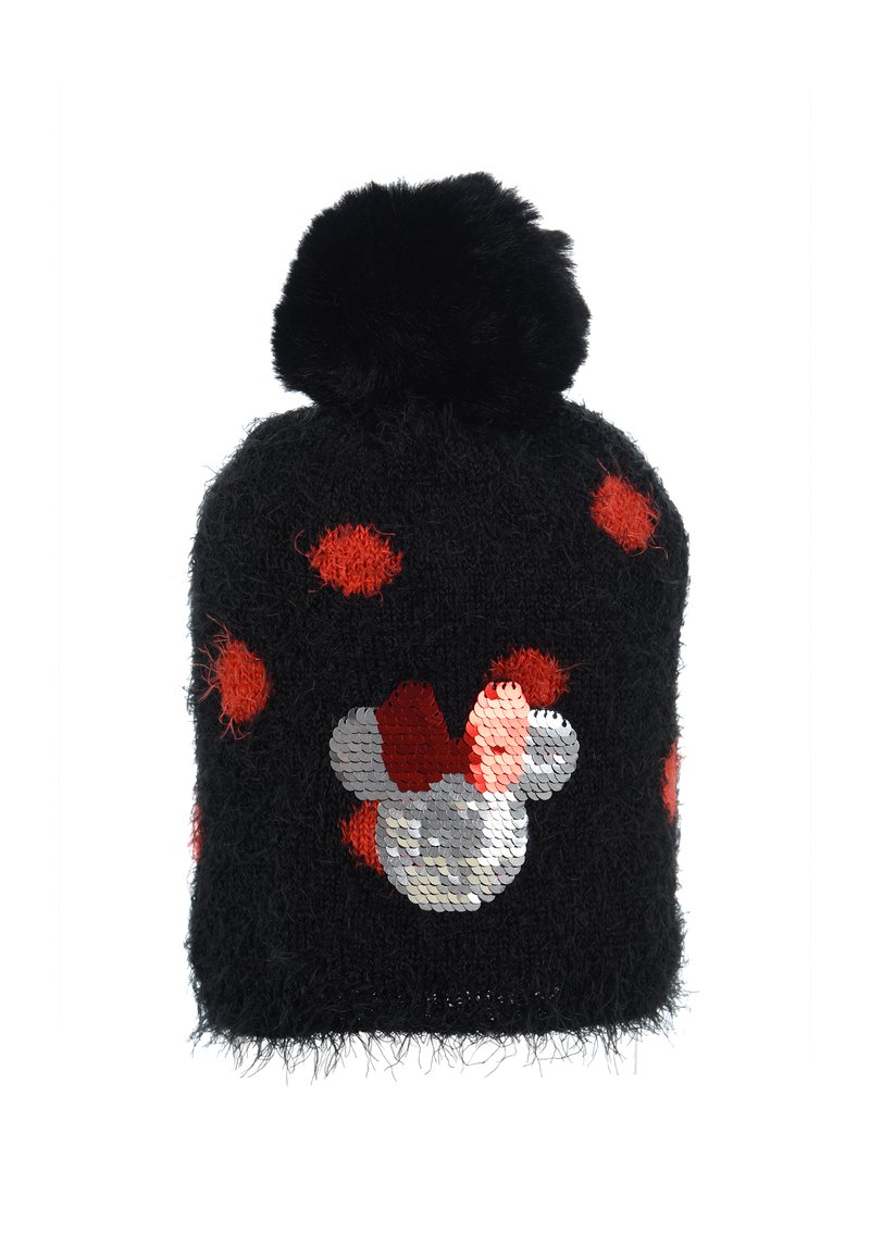 Berretto di lana nera con pois rossi, rifinito con un pompon in pelliccia sintetica nera; presenta un design di Topolino in paillettes sul davanti.