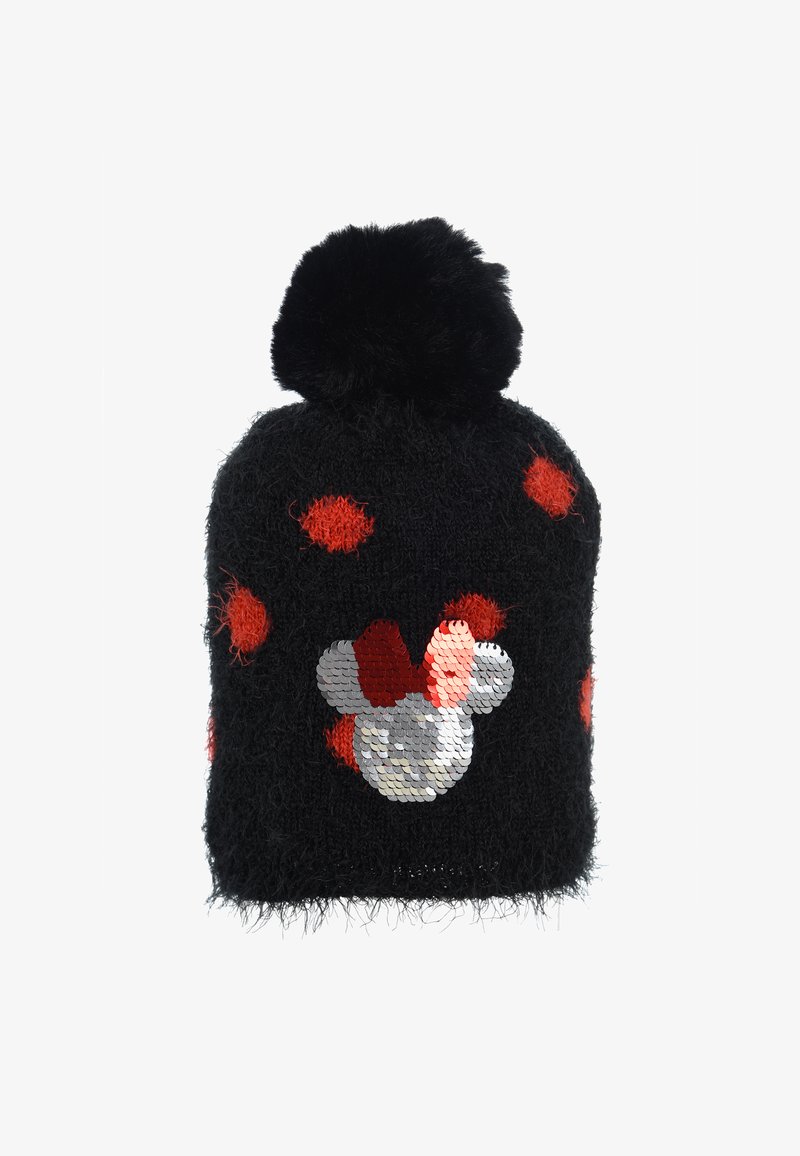 Gorro de lana negro con lunares rojos, rematado con un pompón de piel sintética negra; presenta un diseño de Mickey Mouse con lentejuelas en la parte frontal.